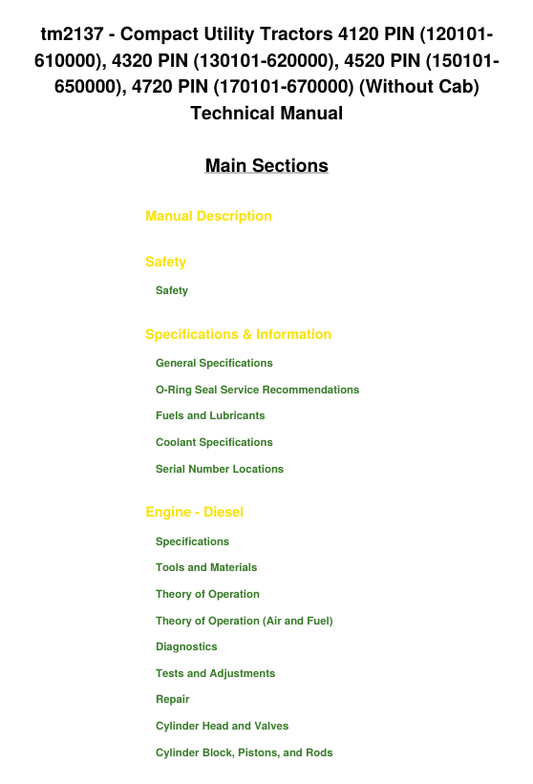 JOHN DEERE 4120, 4320, 4520, 4720 COMPACT UTILITY TRACTOR TECHNICAL MANUAL TM2137