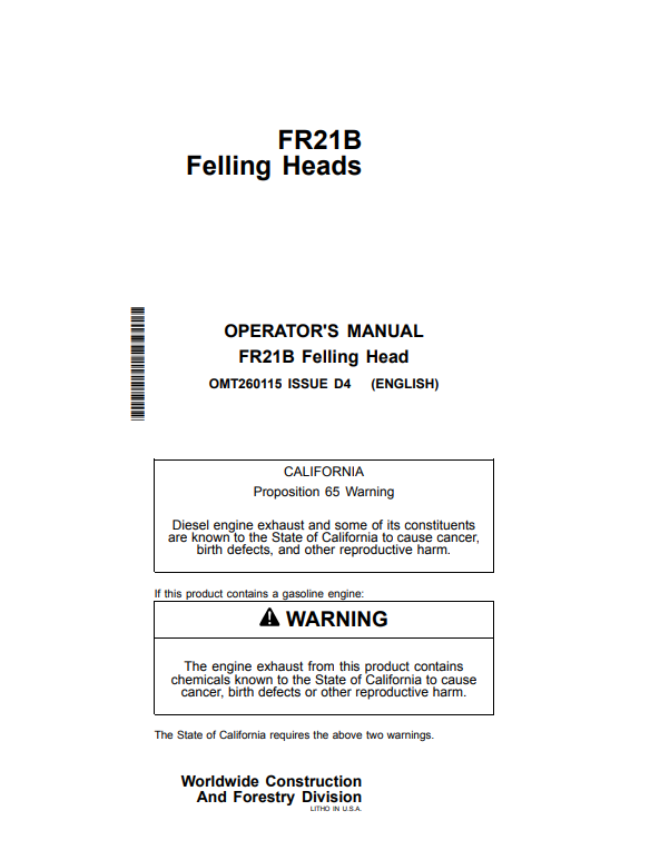 JOHN DEERE FR21B FELLING HEAD OPERATOR MANUAL OMT260115
