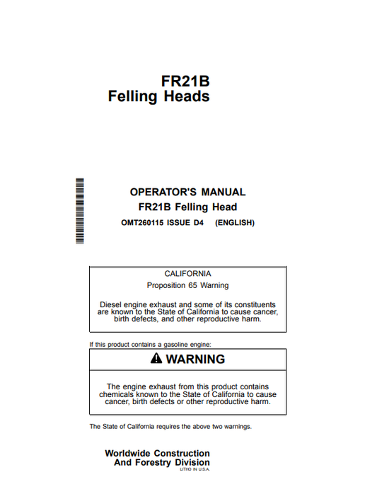 JOHN DEERE FR21B FELLING HEAD OPERATOR MANUAL OMT260115