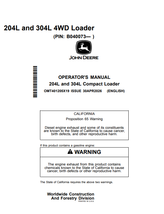 JOHN DEERE 204L AND 304L COMPACT LOADER OPERATOR MANUAL OMT401205X19