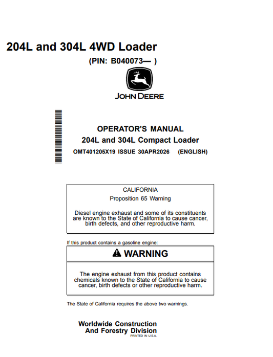 JOHN DEERE 204L AND 304L COMPACT LOADER OPERATOR MANUAL OMT401205X19