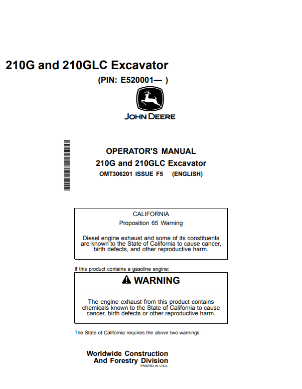 JOHN DEERE 210G AND 210GLC EXCAVATOR OPERATOR MANUAL OMT306201
