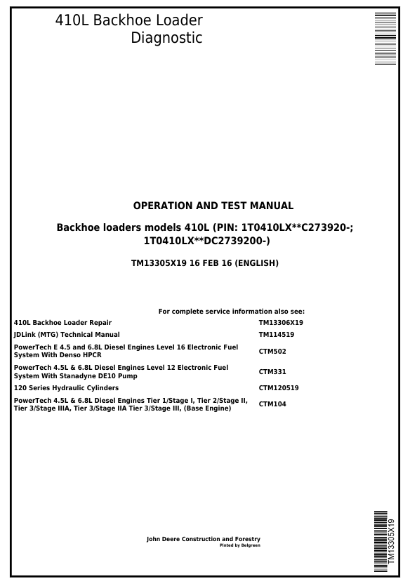 JOHN DEERE 410L BACKHOE LOADER DIAGNOSTIC OPERATION AND TEST MANUAL TM13305X19