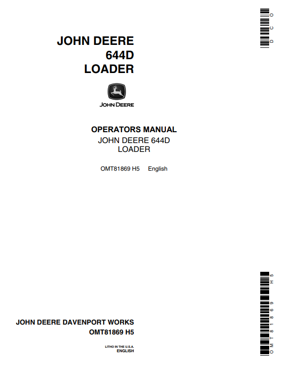 JOHN DEERE 644D LOADER OPERATOR MANUAL OMT81869