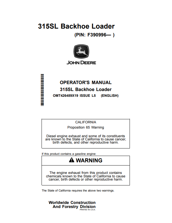 JOHN DEERE 315SL BACKHOE LOADER OPERATOR MANUAL OMT426489X19