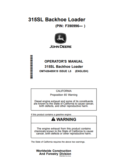 JOHN DEERE 315SL BACKHOE LOADER OPERATOR MANUAL OMT426489X19