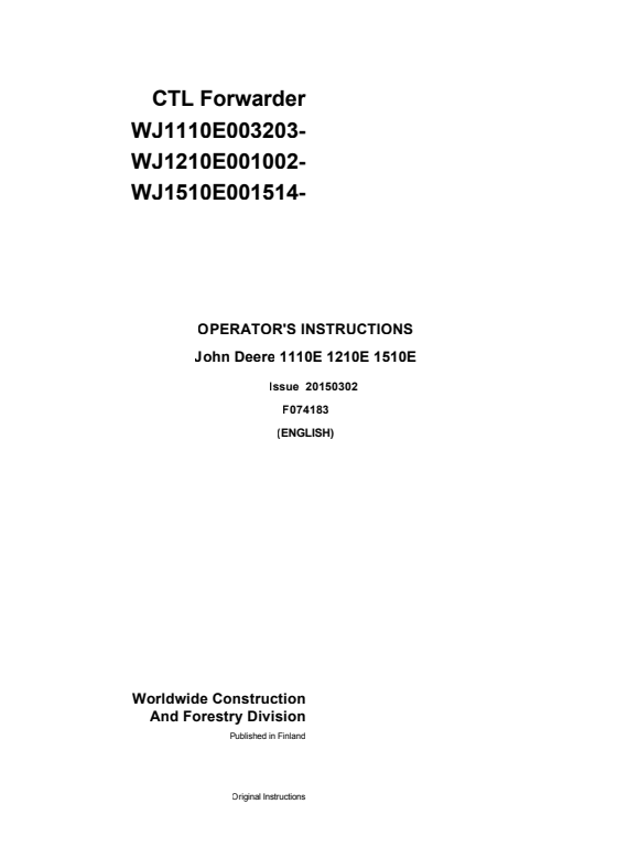 JOHN DEERE 1110E, 1210E, 1510E OPERATOR INSTRUCTION MANUAL F074183