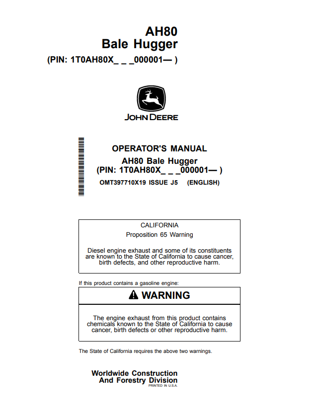 JOHN DEERE AH80 BALE HUGGER OPERATOR MANUAL OMT397710X19