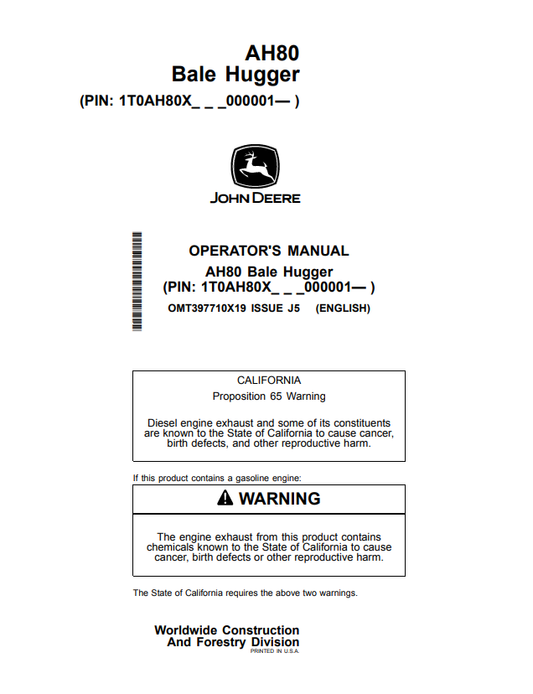 JOHN DEERE AH80 BALE HUGGER OPERATOR MANUAL OMT397710X19