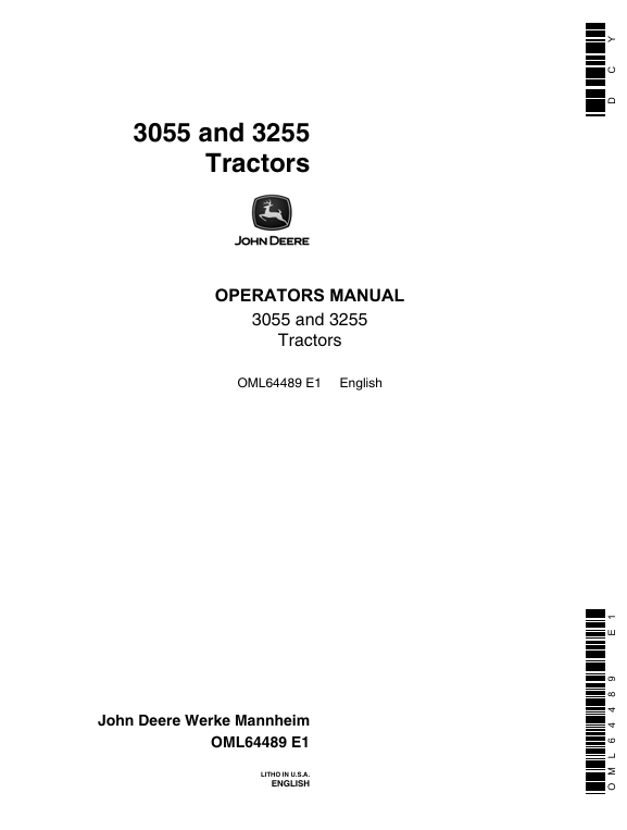 JOHN DEERE 3055, 3255 TRACTOR OPERATOR MANUAL OML64489