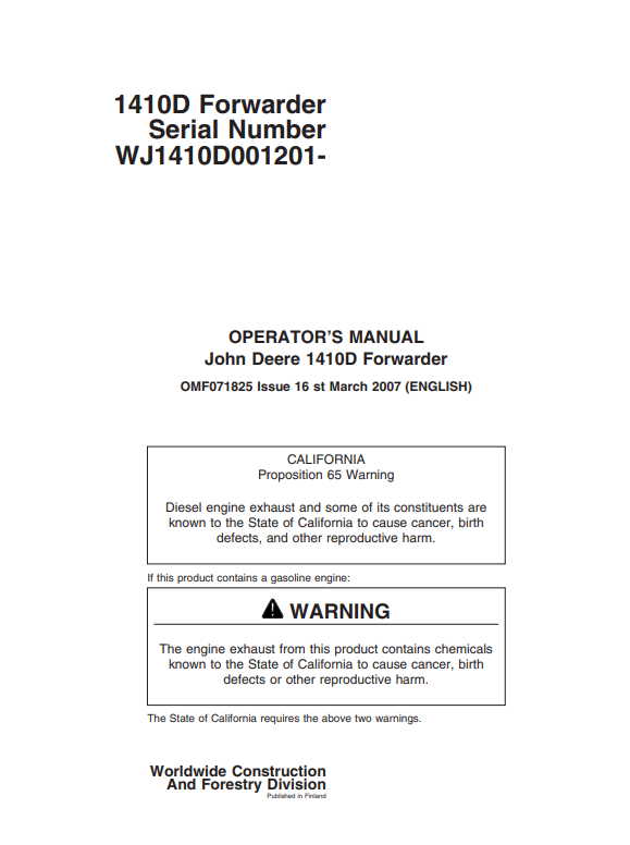 JOHN DEERE 1410D FORWARDER OPERATOR MANUAL OMF071825