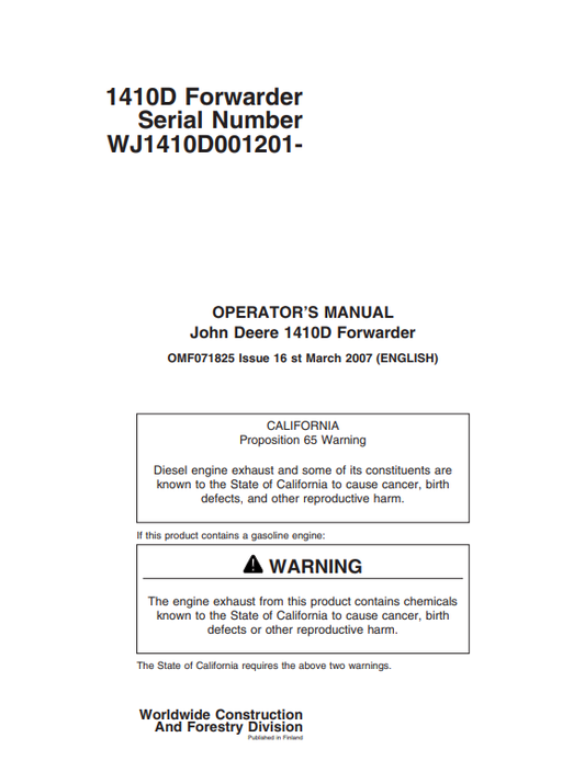 JOHN DEERE 1410D FORWARDER OPERATOR MANUAL OMF071825
