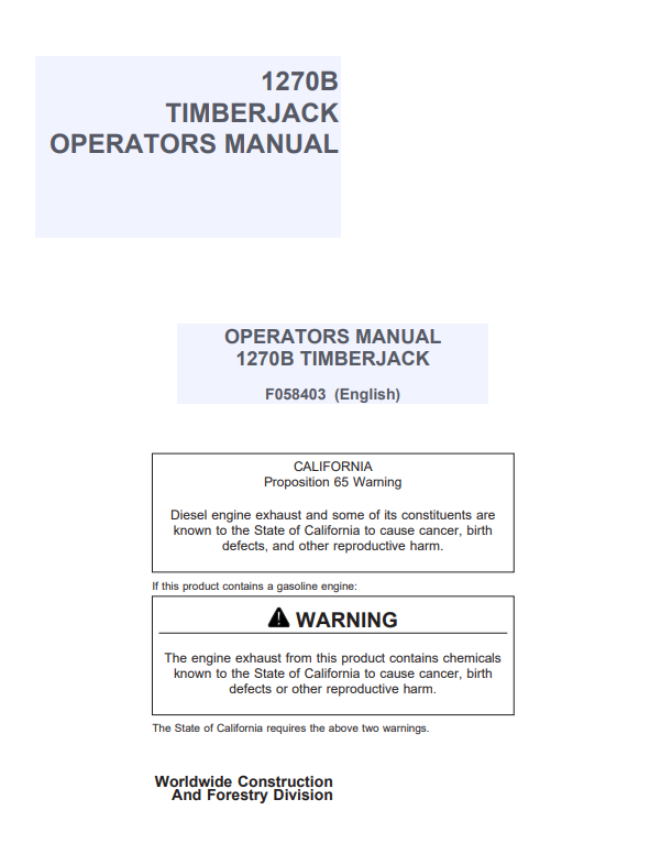 JOHN DEERE 1270B TIMBERJACK OPERATOR MANUAL F058403