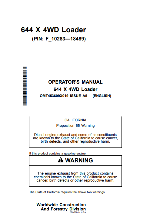 JOHN DEERE 644 X 4WD LOADER OPERATOR MANUAL OMT453609X019