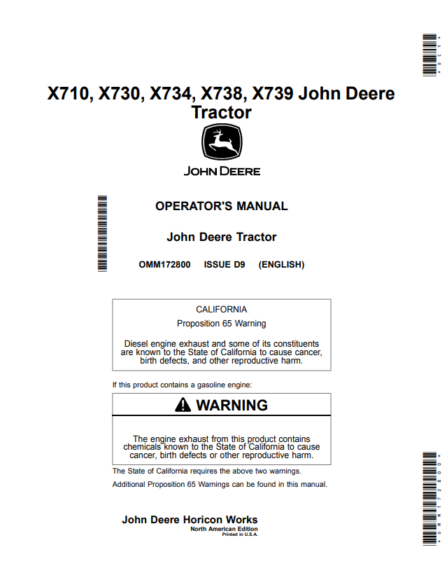 JOHN DEERE X710, X730, X734, X738, X739 TRACTOR OPERATOR MANUAL OMM172800