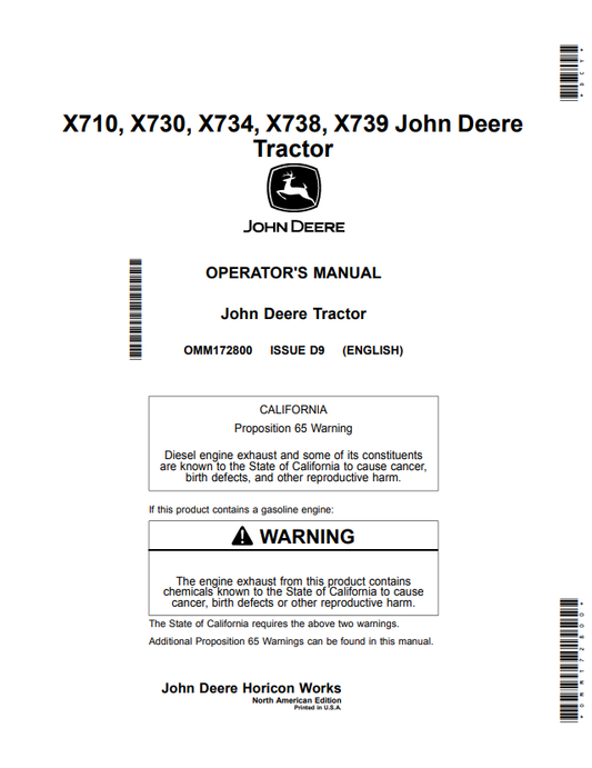 JOHN DEERE X710, X730, X734, X738, X739 TRACTOR OPERATOR MANUAL OMM172800