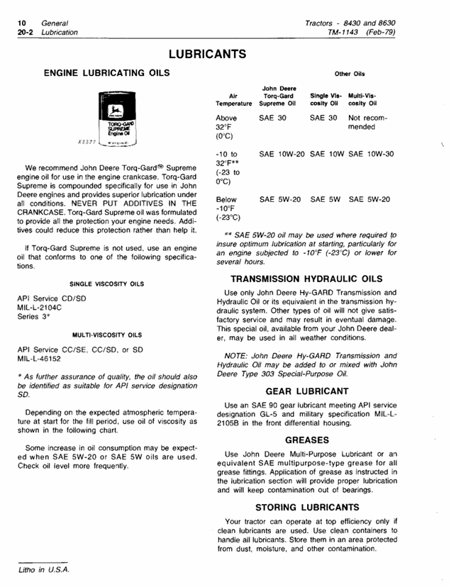 JOHN DEERE 8430 AND 8630 TRACTOR TECHNICAL MANUAL TM1143