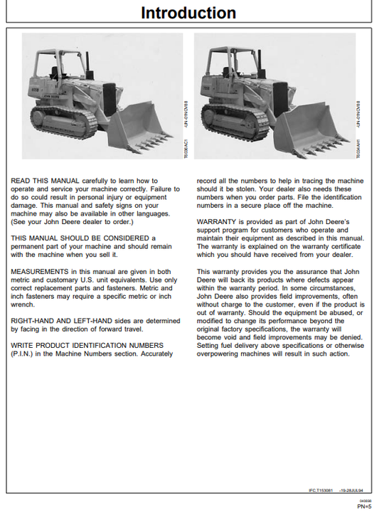 JOHN DEERE 655B AND 755B CRAWLER LOADER OPERATOR MANUAL OMT153081