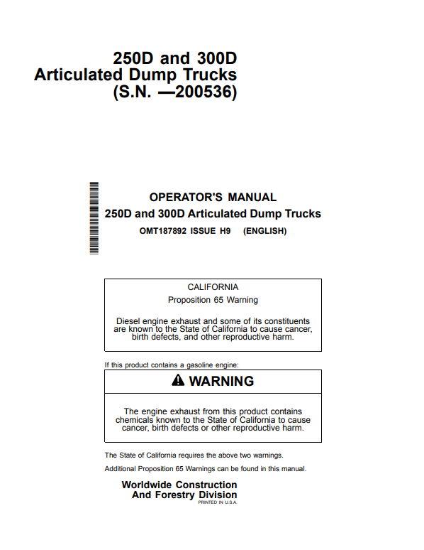JOHN DEERE 250D, 300D ARTICULATED DUMP TRUCK OPERATOR MANUAL OMT187892