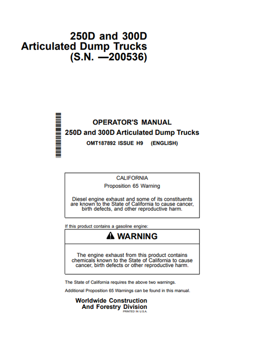 JOHN DEERE 250D, 300D ARTICULATED DUMP TRUCK OPERATOR MANUAL OMT187892