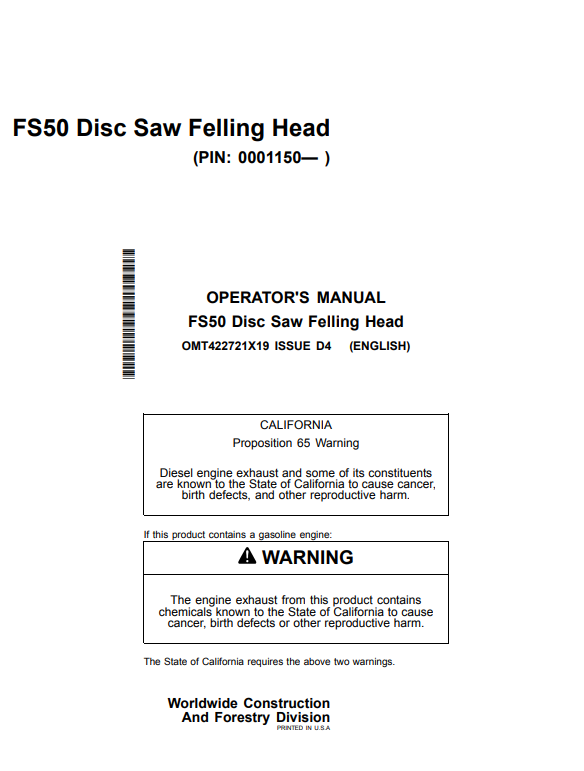 JOHN DEERE FS50 DISC SAW FELLING HEAD OPERATOR MANUAL OMT422721X19