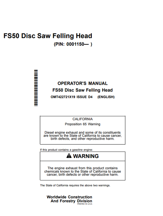 JOHN DEERE FS50 DISC SAW FELLING HEAD OPERATOR MANUAL OMT422721X19