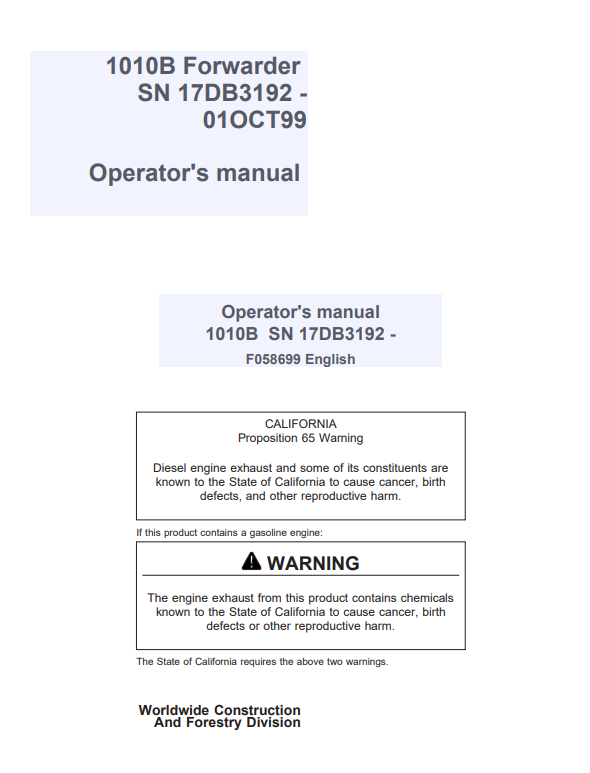 JOHN DEERE 1010B FORWARDER OPERATOR MANUAL F058699