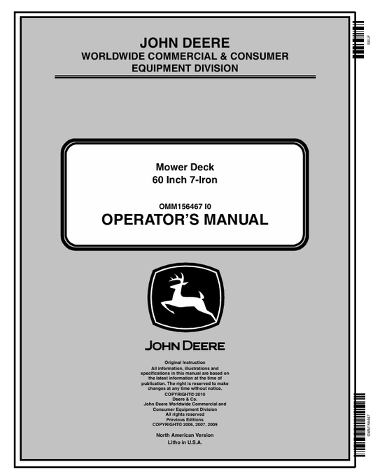 JOHN DEERE 60-INCH MOWER DECK OPERATOR MANUAL OMM156467