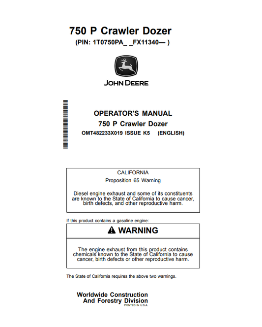 JOHN DEERE 750 P CRAWLER DOZER OPERATOR MANUAL OMT482233X019