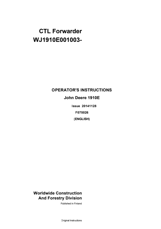 JOHN DEERE 1910E T2 OPERATOR INSTRUCTION MANUAL F670648