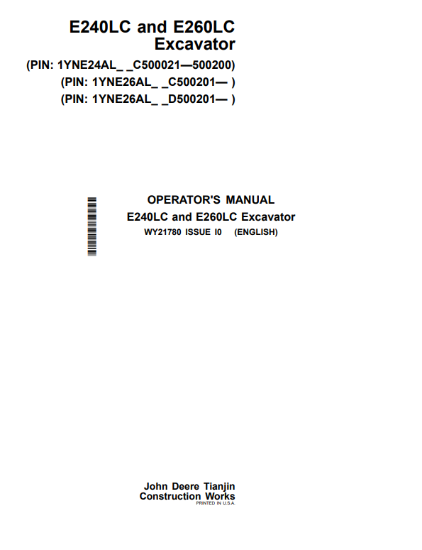 JOHN DEERE E240LC AND E260LC EXCAVATOR OPERATOR MANUAL WY21780