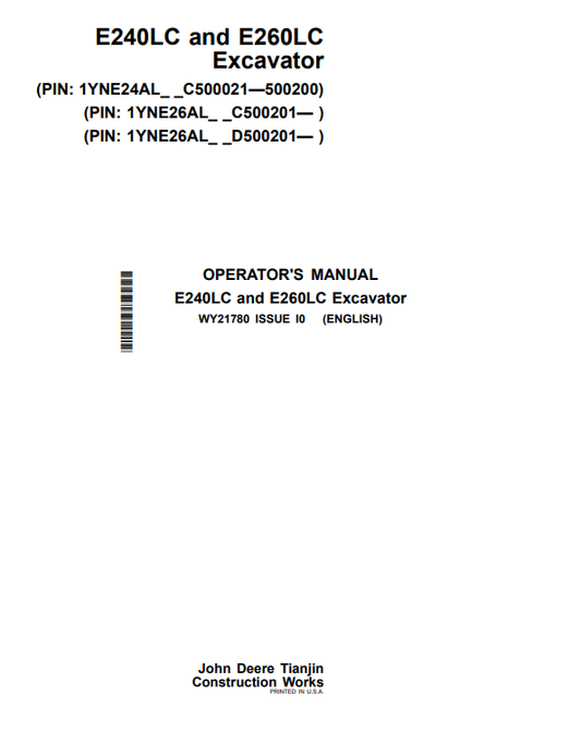 JOHN DEERE E240LC AND E260LC EXCAVATOR OPERATOR MANUAL WY21780