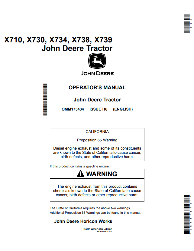 JOHN DEERE X710, X730, X734, X738, X739 TRACTOR OPERATOR MANUAL OMM175434