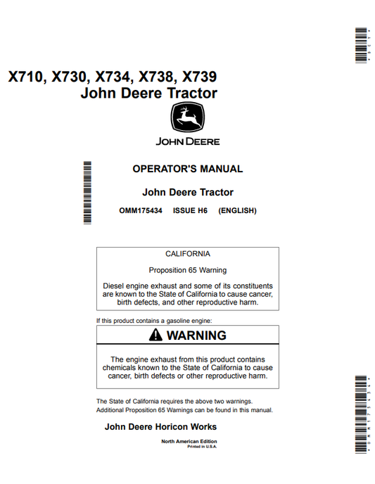 JOHN DEERE X710, X730, X734, X738, X739 TRACTOR OPERATOR MANUAL OMM175434