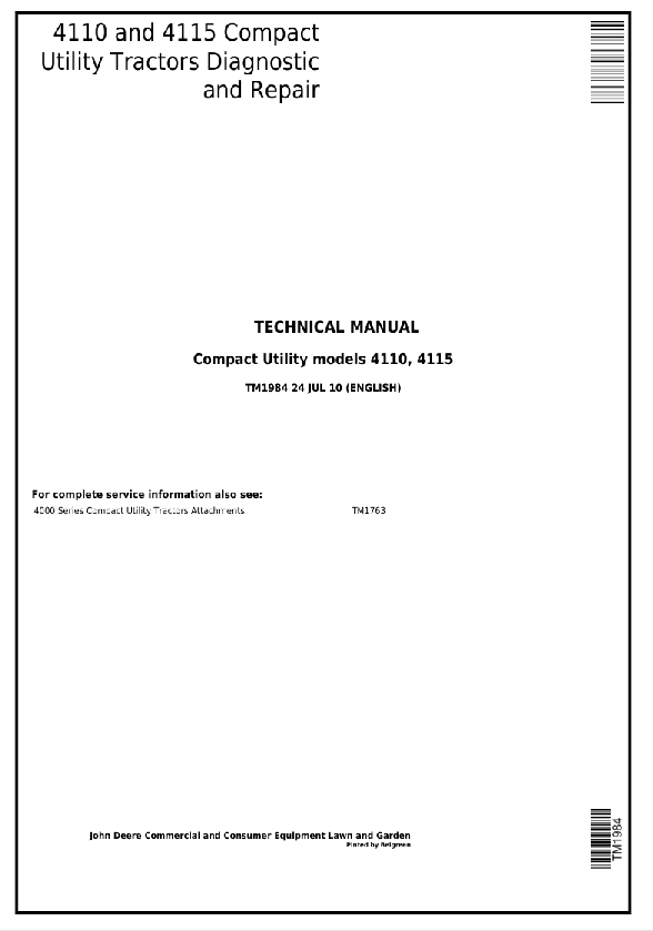 JOHN DEERE 4110 AND 4115 COMPACT UTILITY TRACTOR DIAGNOSTIC AND REPAIR TECHNICAL MANUAL TM1984