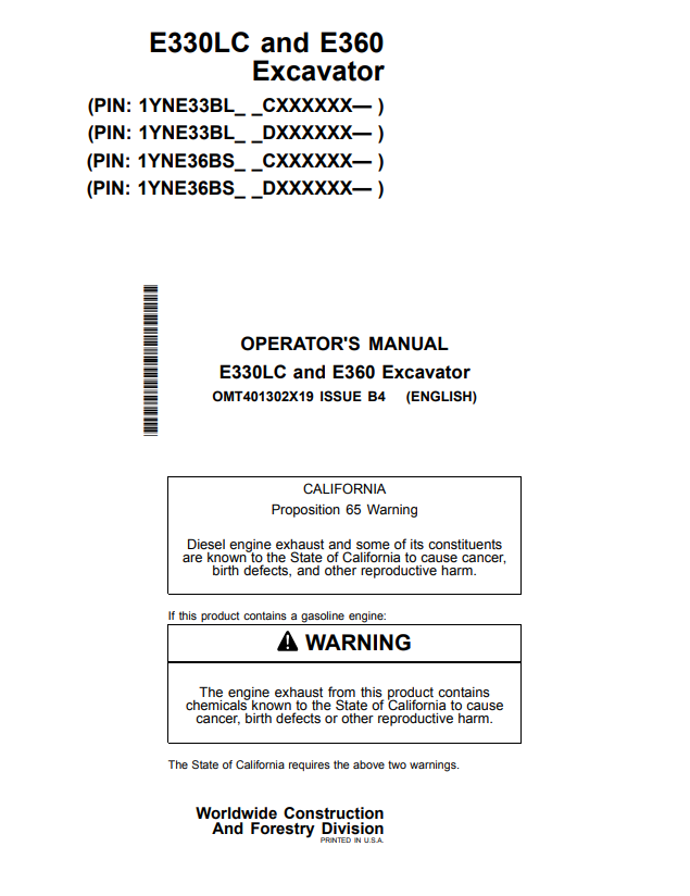JOHN DEERE E330LC AND E360 EXCAVATOR OPERATOR MANUAL OMT401302X19