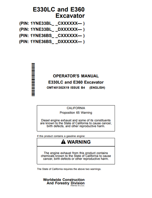 JOHN DEERE E330LC AND E360 EXCAVATOR OPERATOR MANUAL OMT401302X19