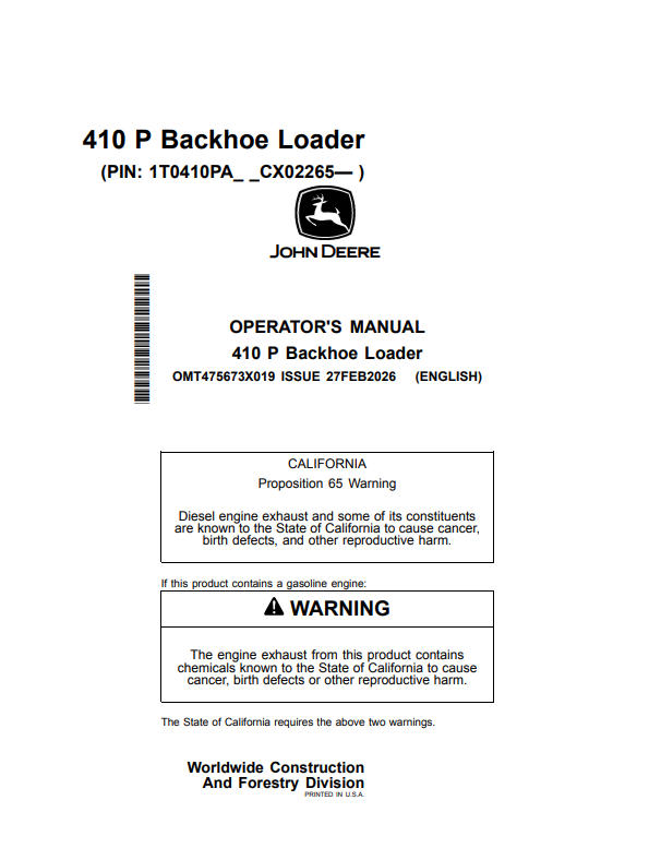 JOHN DEERE 410 P BACKHOE LOADER OPERATOR MANUAL OMT475673X019