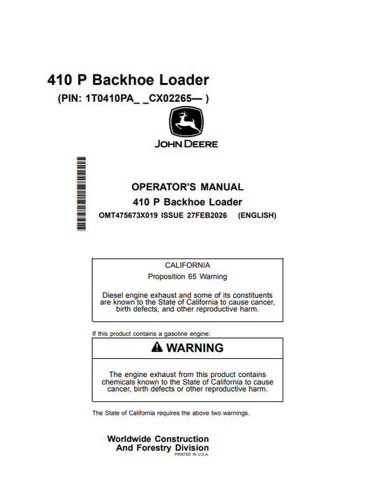 JOHN DEERE 410 P BACKHOE LOADER OPERATOR MANUAL OMT475673X019
