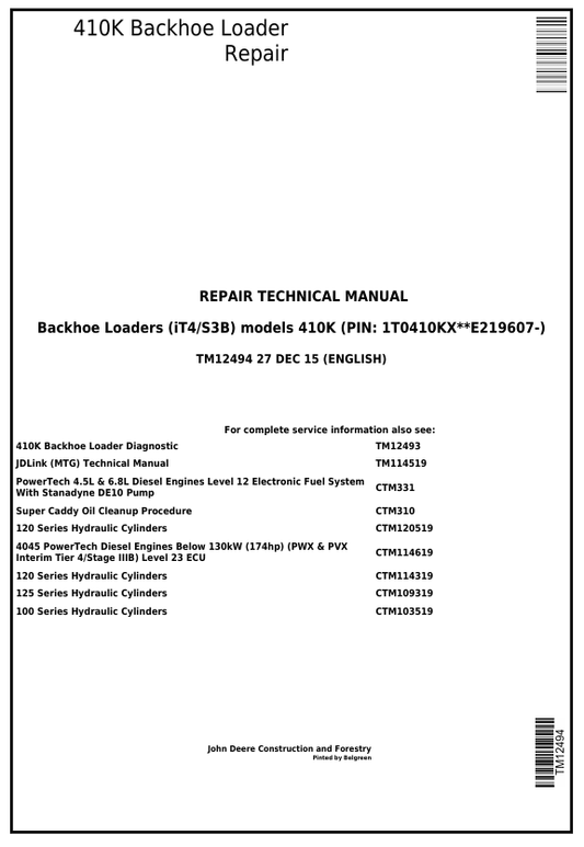 JOHN DEERE 410K BACKHOE LOADER IT4S3B REPAIR TECHNICAL MANUAL TM12494