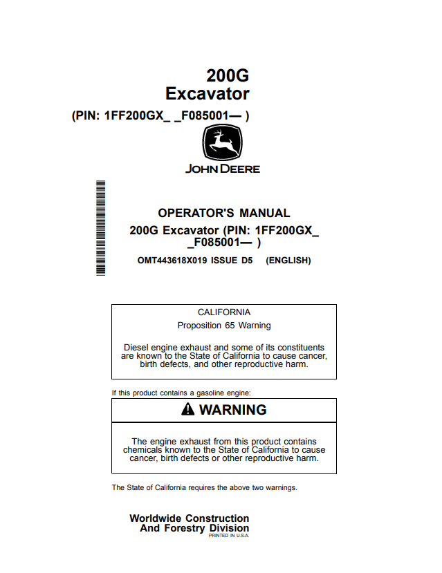 JOHN DEERE 200G EXCAVATOR OPERATOR MANUAL OMT443618X019