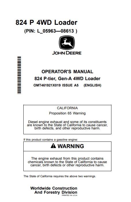 JOHN DEERE 824 P-TIER, GEN-A 4WD LOADER OPERATOR MANUAL OMT461921X019