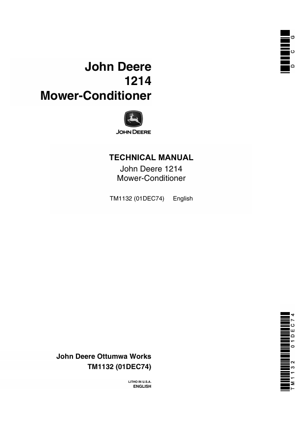 JOHN DEERE 1214 MOWER-CONDITIONER TECHNICAL MANUAL TM1132