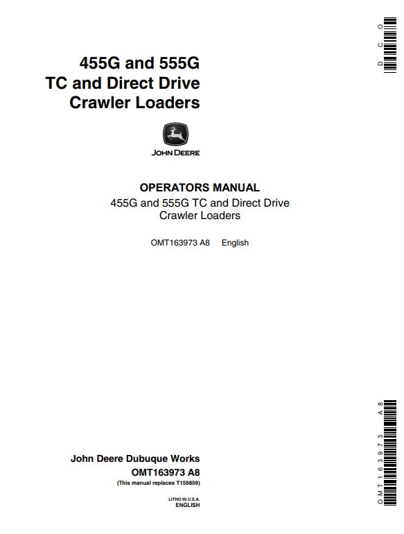 JOHN DEERE 455G AND 555G TC AND DIRECT DRIVE CRAWLER LOADER OPERATOR MANUAL OMT163973