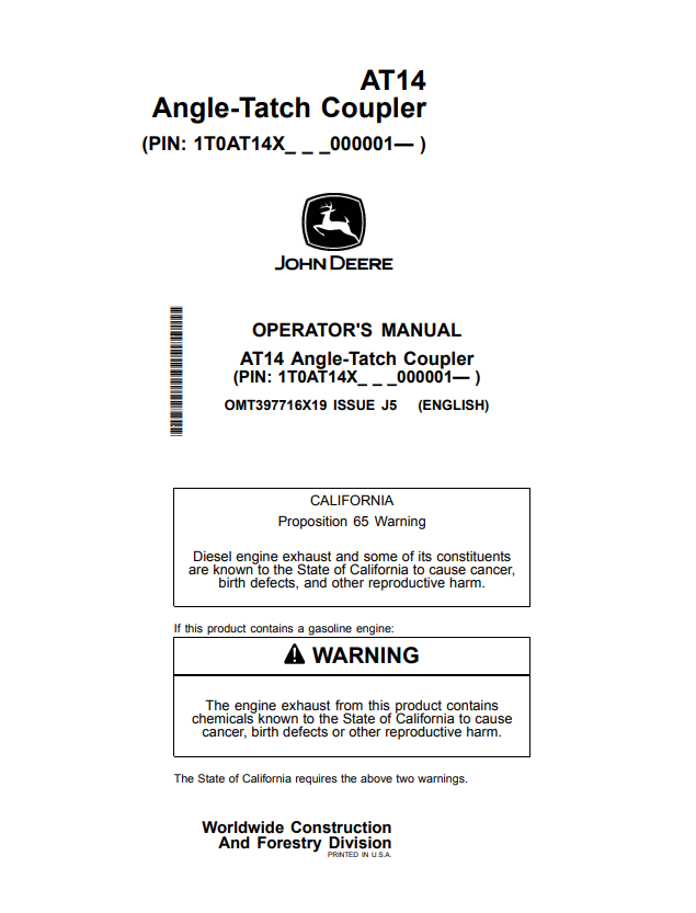 JOHN DEERE AT14 ANGLE-TATCH COUPLER OPERATOR MANUAL OMT397716X19
