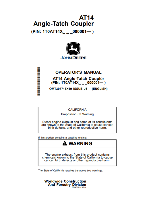 JOHN DEERE AT14 ANGLE-TATCH COUPLER OPERATOR MANUAL OMT397716X19