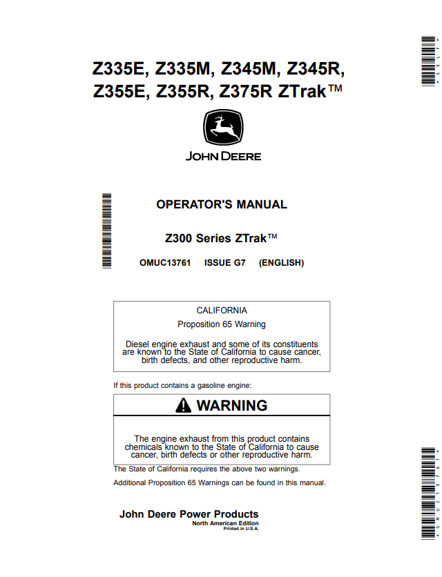 JOHN DEERE Z335E, Z335M, Z345M, Z345R, Z355E, Z355R, Z375R, Z300 SERIES ZTRAK™ OPERATOR MANUAL OMUC13761