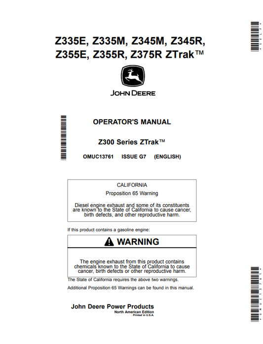 JOHN DEERE Z335E, Z335M, Z345M, Z345R, Z355E, Z355R, Z375R, Z300 SERIES ZTRAK™ OPERATOR MANUAL OMUC13761