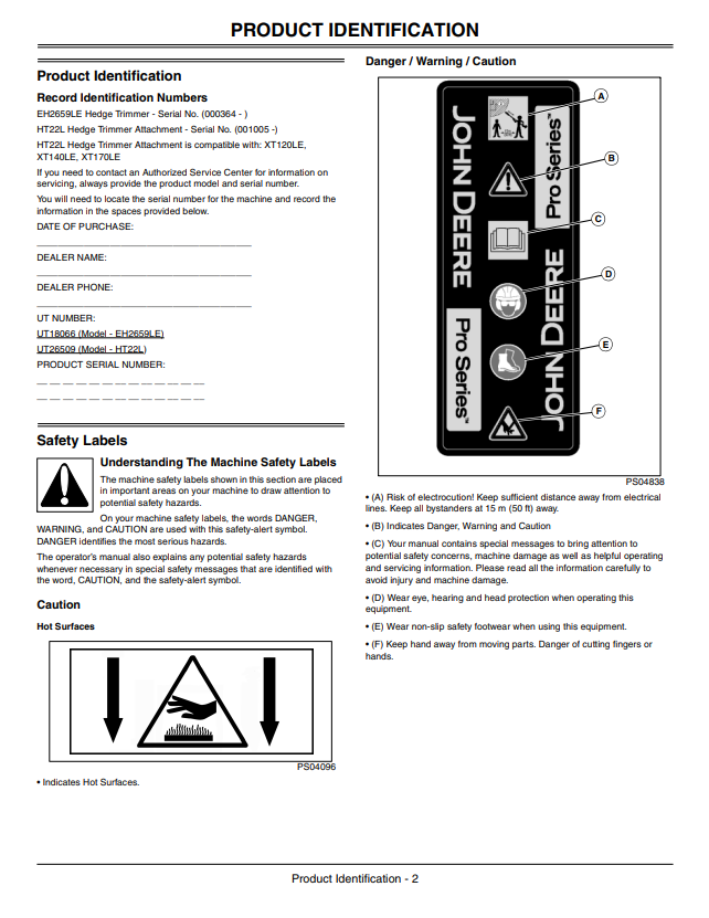 JOHN DEERE EH2659LE, HT22L EXTENDED REACH HEDGE TRIMMER, HEDGE TRIMMER ATTACHMENT OPERATOR MANUAL OMPS11013