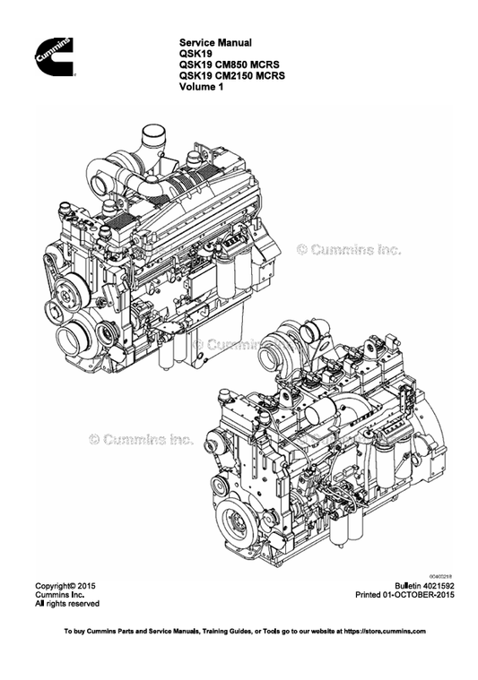 JOHN DEERE CUMMINS ENGINE QSK19, QSK19 CM850, CM2150 MCRS, 4021592-VOL1 SERVICE MANUAL